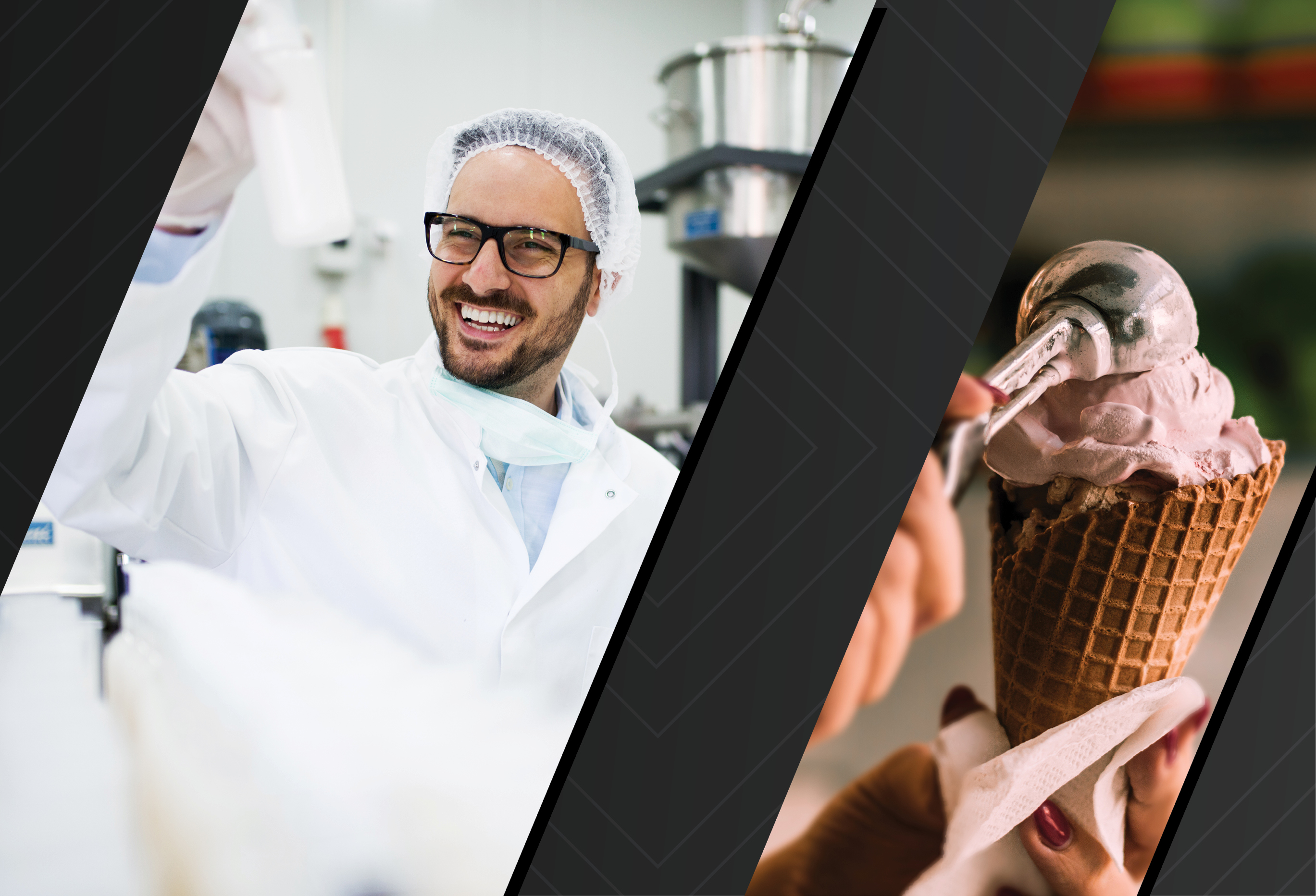 Left image of dairy researcher in the lab. Right image of freshly scooped ice cream cone. Both images courtesy of Adobe Stock.