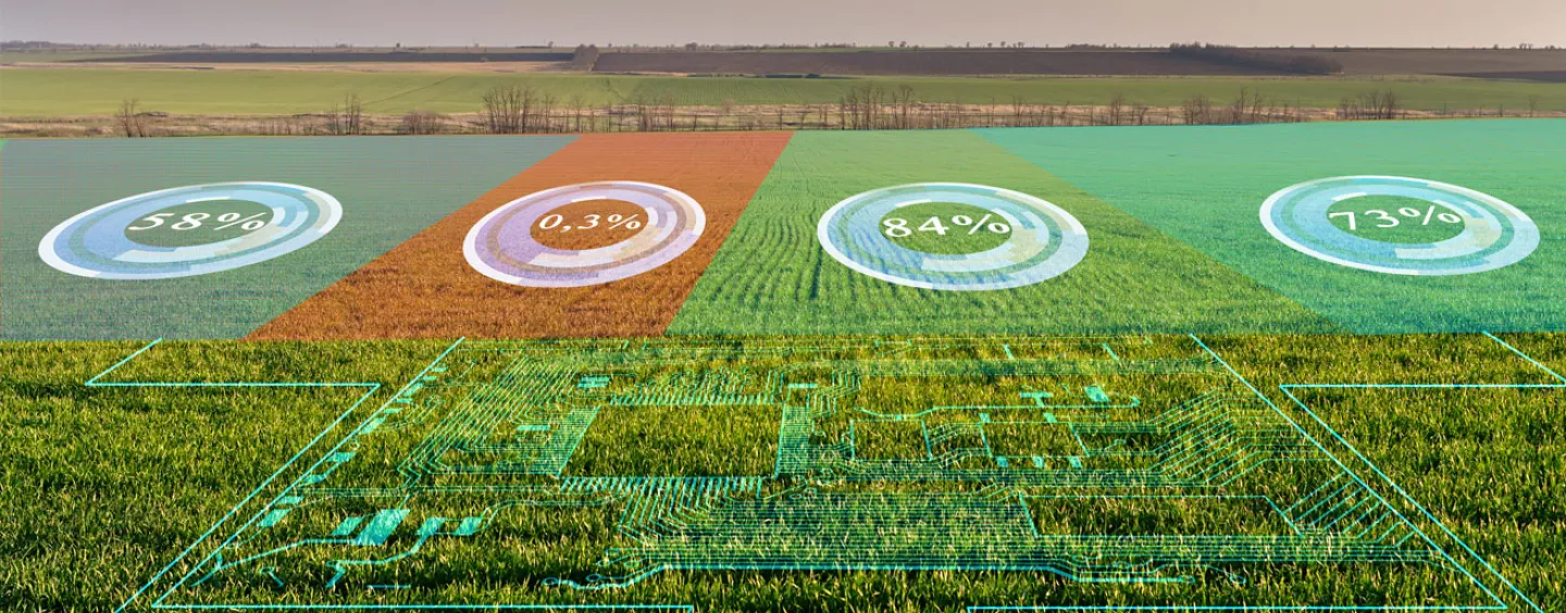 Aerial view of crop fields with overlay of data, courtesy of Adobe Stock
