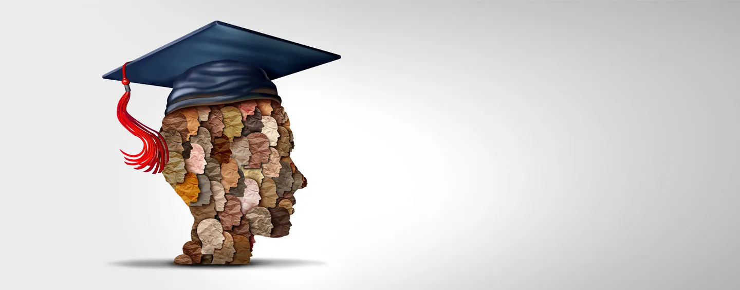 Image of multi-colored paper cutout in shape of heads with graduation cap on, courtesy of Adobe Stock