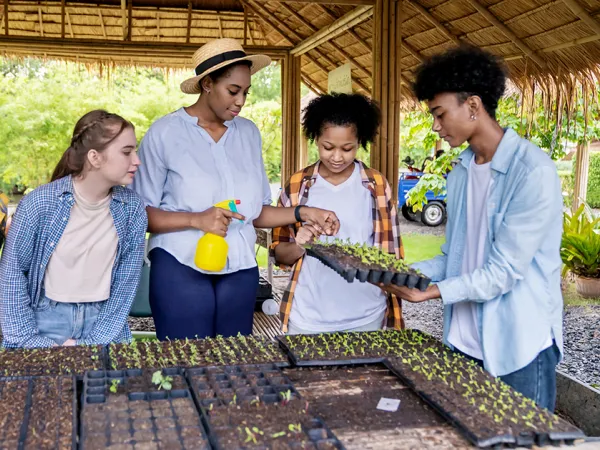 Teacher and students gathered around sprouting plants. Image courtesy of Getty Images.