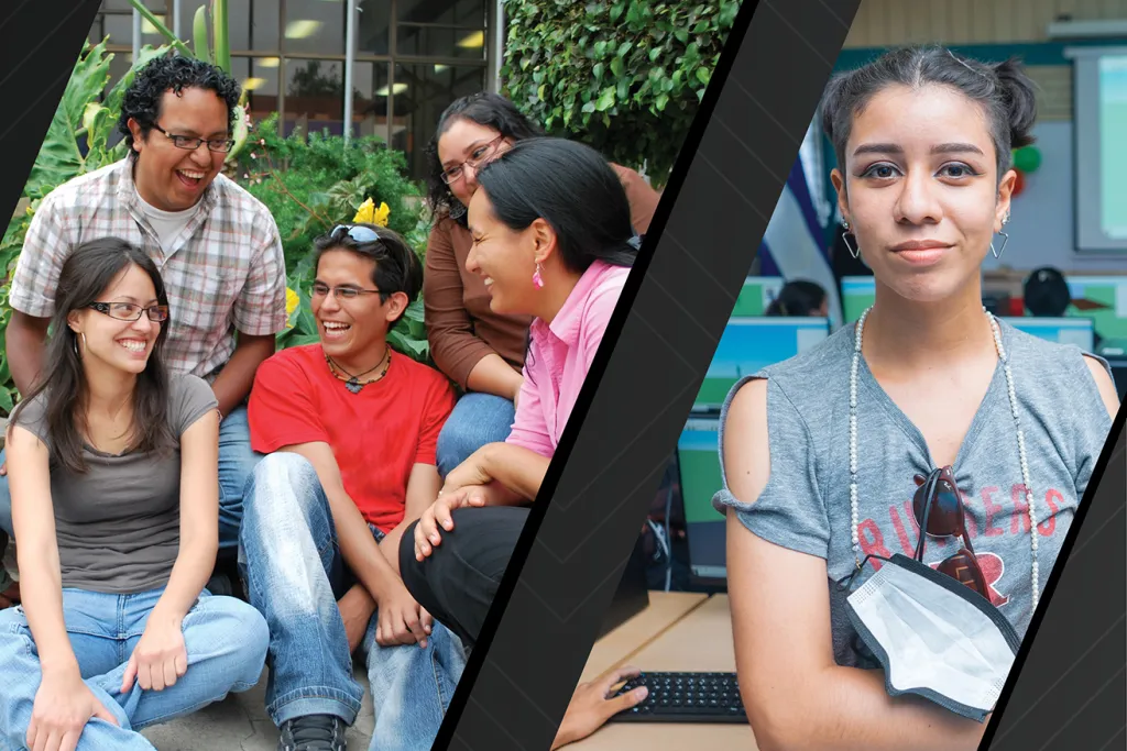 Left image of a group of students on campus. Right image of student in a computer lab. Images courtesy of Adobe Stock.  