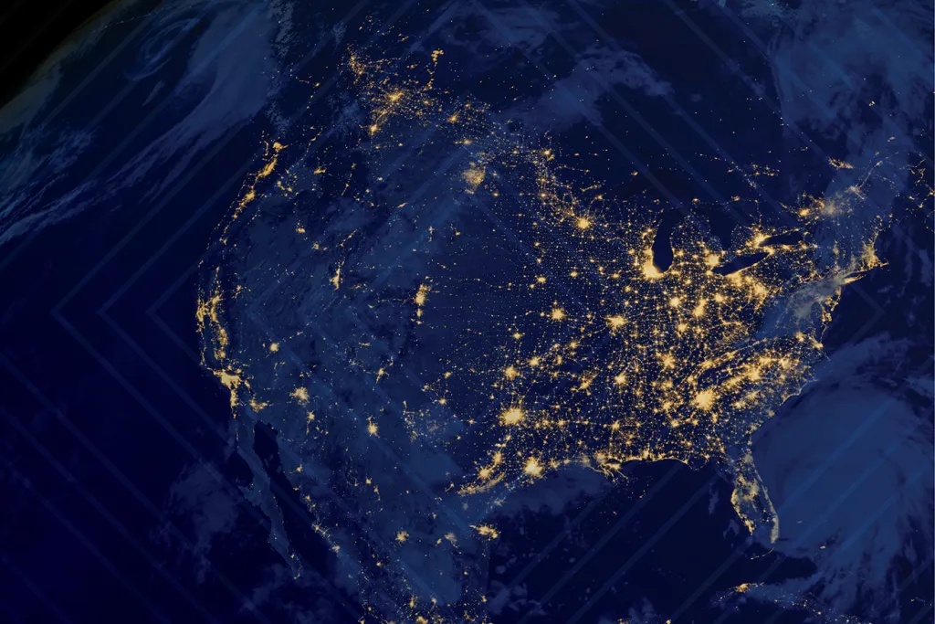 United States of America lights during night as it looks like from space. Image courtesy of Adobe Stock.