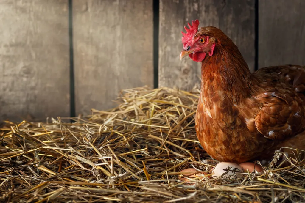 red hen laying egg, courtesy of Adobe Stock