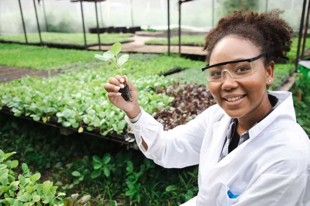Graduate student working in greenhouse, courtesy of Adobe Stock