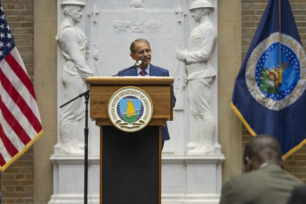 Dr. Manjit Misra, director of the USDA National Institute of Food and Agriculture, makes an announcement at U.S. Department of Agriculture