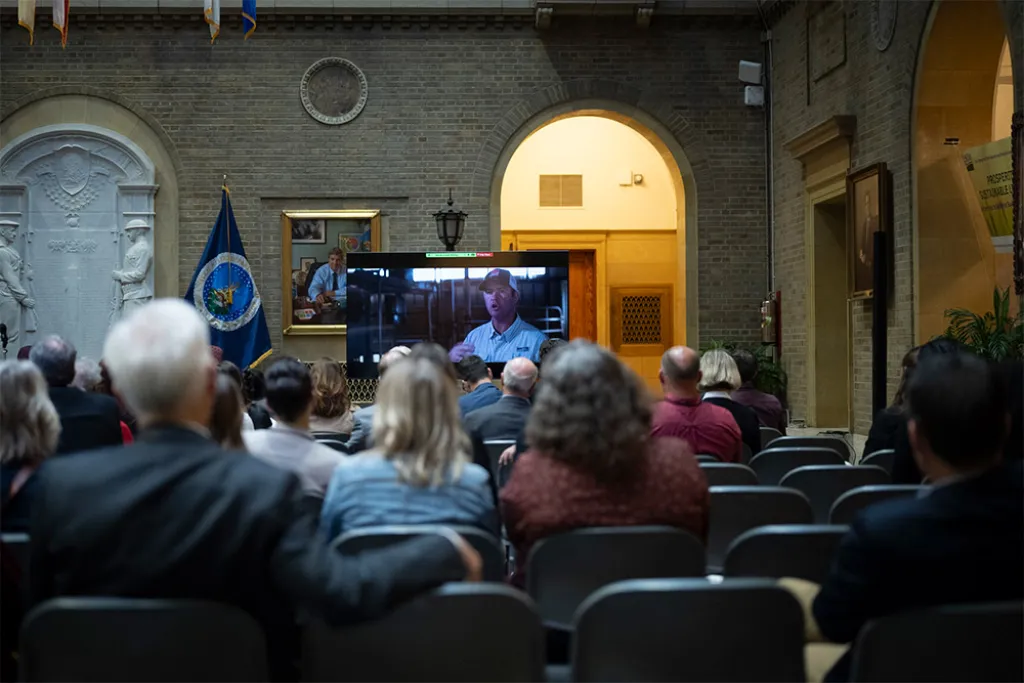 The documentary "On the Farm," produced by MSU Films, is shown during a screening at USDA headquarters during a farm stress and suicide prevention briefing. (Photo submitted)