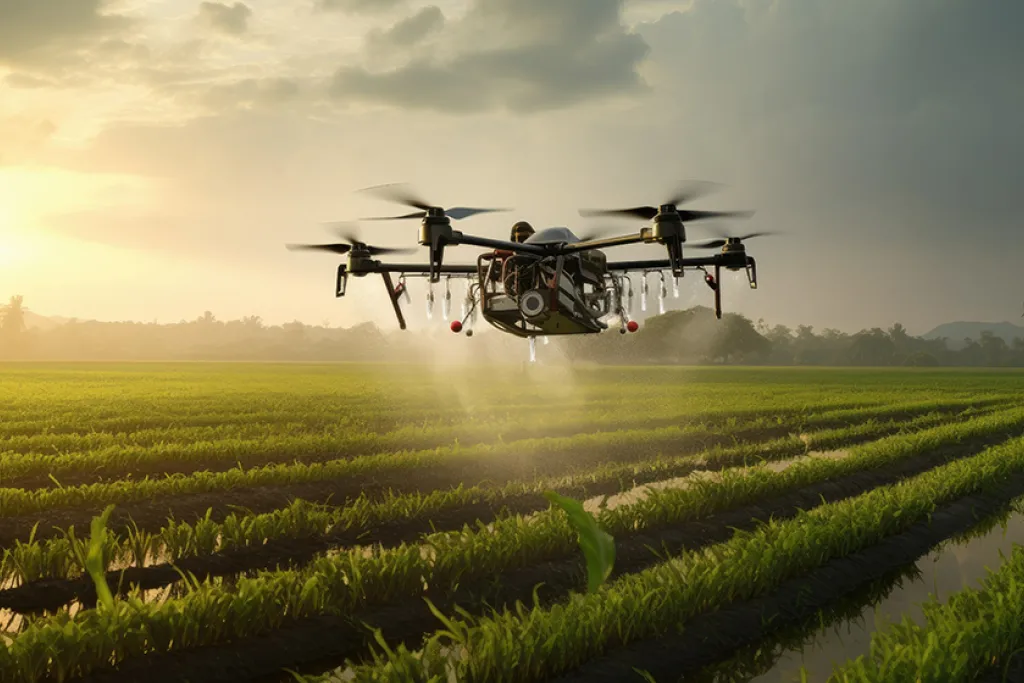 Drone spraying crops in field
