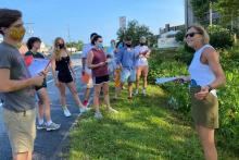 Sue Barton explains the benefits of a bioswale installation in South Bethany to landscape architecture majors. Courtesy of the University of Delaware.