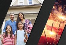 Left image of a family of four celebrating Independence Day. Right image of fireworks and an American flag in the background. Both images courtesy of Adobe Stock. 