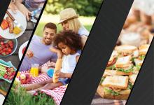 July is National Picnic Month! Left image of picnic type food. Middle image of family enjoying a picnic. Right image of sandwiches. Courtesy of Adobe Stock. 