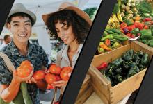 Left image of individuals holding tomatoes at a farmers market. Right image of various peppers displayed at a farmers market stand. Images courtesy of Adobe Stock. 