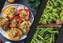 Left image of red, green and yellow stuffed peppers. Right image of green chile peppers. Images courtesy of USDA Flickr and Adobe Stock. 