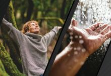 World Health Day graphic by NIFA. Left image of woman standing in a forest. Right image of water droplets falling on a hand. 