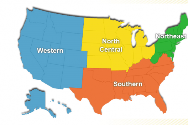 Image of the United States showing you the four EFNEP Regions. Those regions are: Northeast, North Central, Southern, and Western.